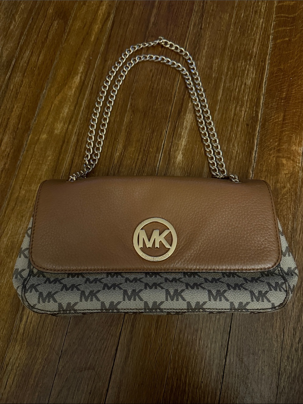 Michael Kors Tan & Beige MK Logo Chain Shoulder Bag
